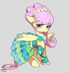 Size: 800x839 | Tagged: safe, artist:kabosu, fluttershy, pegasus, pony, g4, green isn't your color, alternate hairstyle, blushing, clothes, cute, dress, female, gray background, mare, pixiv, shyabetes, simple background, solo, sweat, sweatdrop