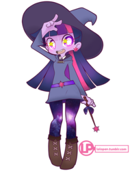 Size: 800x1035 | Tagged: safe, artist:lolopan, twilight sparkle, equestria girls, g4, belt, boots, clothes, crossover, cute, dress, female, hat, little witch academia, pantyhose, shoes, skirt, solo, witch, witch hat