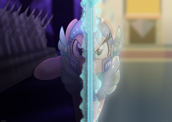 Size: 1151x816 | Tagged: safe, artist:faith-wolff, princess amore, princess cadance, alicorn, pony, unicorn, fanfic:the bridge, g4, armor, armored pony, crystal heart, distants siblings, fantasy class, female, flashback, glowing, glowing horn, helmet, horn, mare, siblings, split screen, warrior, warrior amore, warrior cadance, wings