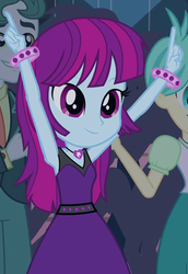 Size: 388x564 | Tagged: safe, screencap, mystery mint, scott green, tennis match, equestria girls, g4, my little pony equestria girls: rainbow rocks, shake your tail, armpits, background human, bracelet, clothes, cropped, cute, dress, jewelry, mysterybetes, necklace, sleeveless