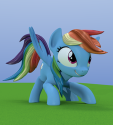 Size: 409x453 | Tagged: dead source, safe, artist:3d thread, rainbow dash, pegasus, pony, g4, 3d, 3d model, blender, crouching, female, grass, grass field, grin, mare, solo, spread wings, wings