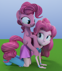Size: 562x648 | Tagged: dead source, safe, artist:3d thread, artist:creatorofpony, pinkie pie, human, pony, equestria girls, g4, 3d, 3d model, all fours, blender, boots, bracelet, clothes, high heel boots, human ponidox, looking at each other, ponies riding humans, riding, riding a pony, self riding, shirt, skirt, smiling