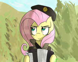 Size: 1280x1024 | Tagged: safe, artist:wuzzlefluff, fluttershy, g4, accordion, clothes, dat face soldier, female, musical instrument, remove kebab, serbia, serbia strong, solo