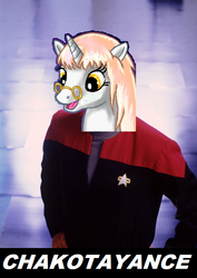 Size: 474x668 | Tagged: safe, artist:chatoyance, hybrid, chakotay, female, meta, parody, pun, solo, star trek, star trek: voyager