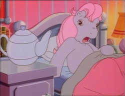 Size: 688x528 | Tagged: safe, screencap, clover (g1), earth pony, pony, g1, my little pony tales, out of luck, bed, female, out of context, solo, teapot