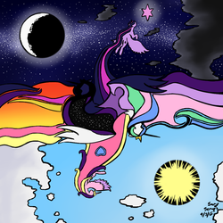 Size: 600x600 | Tagged: safe, artist:sarythewolf, princess cadance, princess celestia, princess luna, twilight sparkle, alicorn, pony, g4, day, female, mare, moon, night, stars, sun, twilight sparkle (alicorn)