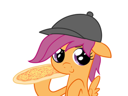 Size: 800x600 | Tagged: safe, scootaloo, g4, female, hat, pizza, solo