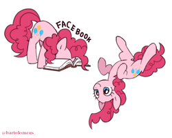 Size: 600x480 | Tagged: safe, artist:bartolomeus_, pinkie pie, earth pony, pony, g4, book, cute, diapinkes, facebook, facebooking, female, literal, on back, pinkie being pinkie, ponk, pun, simple background, smiling, solo, upside down, visual pun, white background