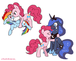 Size: 600x480 | Tagged: safe, artist:bartolomeus_, pinkie pie, princess luna, rainbow dash, g4, blushing, crying, female, floppy ears, lesbian, ship:pinkiedash, shipping, simple background