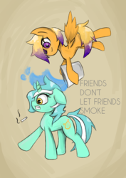 Size: 2480x3508 | Tagged: safe, artist:luxaestas, lyra heartstrings, oc, pegasus, pony, unicorn, g4, bucket, cigarette, flying, high res, smoking, water, wet
