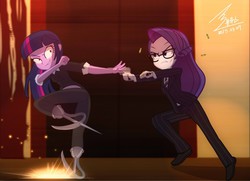 Size: 1100x798 | Tagged: safe, artist:bluse, rarity, twilight sparkle, gazelle, equestria girls, g4, amputee, clothes, crossover, female, glasses, kingsman: the secret service, prosthetic limb, prosthetics, scar, show accurate, suit