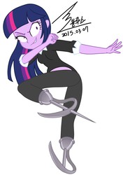 Size: 900x1275 | Tagged: safe, artist:bluse, twilight sparkle, gazelle, equestria girls, g4, amputee, background removed, crazy face, crossover, evil smile, faic, female, grin, kingsman: the secret service, prosthetic limb, prosthetics, show accurate, signature, simple background, smiling, smirk, solo, white background, wide eyes