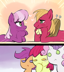 Size: 521x586 | Tagged: safe, artist:baekgup, apple bloom, big macintosh, cheerilee, scootaloo, sweetie belle, earth pony, pony, g4, cutie mark crusaders, heart, heart eyes, male, ship:cheerimac, shipping, stallion, straight, wingding eyes