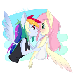 Size: 900x900 | Tagged: safe, artist:silbersternenlicht, fluttershy, rainbow dash, anthro, g4, female, human facial structure, lesbian, ship:flutterdash, shipping