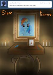 Size: 500x700 | Tagged: artist needed, source needed, safe, rainbow dash, scootaloo, g4, ask, candle, not creepy, shrine, stalkerloo, tumblr