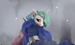 Size: 1960x1169 | Tagged: safe, artist:des1597, princess celestia, princess luna, g4, crying, eyes closed, hug, smiling, tears of joy