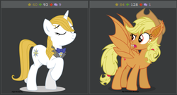 Size: 512x277 | Tagged: safe, applejack, prince blueblood, derpibooru, g4, applebat, exploitable meme, juxtaposition, juxtaposition win, meme, meta, princess bluebelle, rule 63, vector