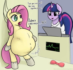 Size: 1080x1043 | Tagged: safe, artist:augustbebel, apple bloom, fluttershy, twilight sparkle, pony, robot, belly, bowtie, clothes, female, filly, flutterbot, flutterpred, imminent digestion, implied apple bloom, implied death, implied digestion, lab coat, laboratory, mare, vore