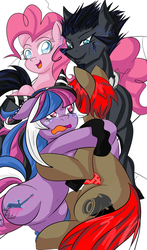 Size: 1181x2015 | Tagged: safe, artist:fourze-pony, pinkie pie, pony, unicorn, g4, crossover, crying, danganronpa, danganronpa 2, electricity, embrace, group, hug, ibuki mioda, mahiru koizumi, nekomaru nidai, ponified, video game