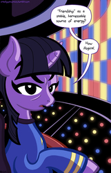 Size: 704x1096 | Tagged: safe, artist:rachel ordway, twilight sparkle, g4, chair, clothes, comic, comic book resources, crossover, female, frown, glare, looking at you, open mouth, sitting, solo, spock, star trek, star trek (tos), the line it is drawn, twilight spockle, uniform