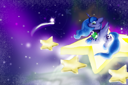 Size: 2111x1405 | Tagged: safe, artist:yoshi123pegasister, princess luna, yoshi, g4, baby yoshi, blanket, crossover, cute, floppy ears, looking at you, prone, raphael the raven, shooting star, sleeping, smiling, snuggling, space, stars, super mario, tangible heavenly object, when you see it, yoshi's island