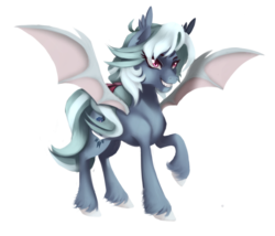 Size: 965x827 | Tagged: safe, artist:anightlypony, oc, oc only, oc:sylver arrow, bat pony, pony, fangs, female, gray, mare, silver, solo, unshorn fetlocks, white