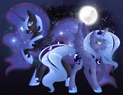 Size: 825x638 | Tagged: safe, artist:lethalpepsi, nightmare moon, princess luna, g4, duality, moon, night, raised hoof, s1 luna, spread wings