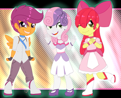 Size: 1992x1612 | Tagged: safe, artist:tomocreations, apple bloom, scootaloo, sweetie belle, equestria girls, g4, clothes, cutie mark crusaders