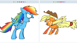 Size: 496x276 | Tagged: safe, applejack, rainbow dash, derpibooru, g4, exploitable meme, juxtaposition, juxtaposition win, meme, meta