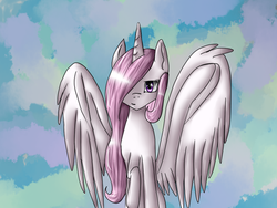 Size: 800x600 | Tagged: safe, artist:risakill, princess celestia, g4, female, looking at you, pink mane, pink-mane celestia, raised hoof, smirk, solo, spread wings