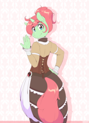 Size: 863x1200 | Tagged: safe, artist:3mangos, oc, oc only, oc:spring, unicorn, anthro, clothes, corset, looking at you, looking back, solo, steampunk