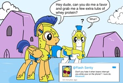 Size: 1200x811 | Tagged: safe, artist:askcockyflash, flash sentry, pony, g4, bluetooth, confused, fritter, jerk, phone, royal guard