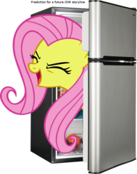 Size: 824x1044 | Tagged: safe, artist:capt-nemo, idw, fluttershy, pegasus, pony, g4, eyes closed, female, flutteryay, implied grimdark, mare, meta, pony in fridge, refrigerator, women in refrigerators, yay