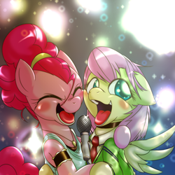Size: 1000x1000 | Tagged: dead source, safe, artist:ushiro no kukan, fluttershy, pinkie pie, g4, alternate hairstyle, armband, clothes, duo, eyes closed, jewelry, microphone, necklace, necktie, open mouth, ponytail, singing, suit, tank top