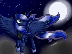 Size: 800x600 | Tagged: safe, artist:risakill, princess luna, g4, cloud, cloudy, female, flying, moon, night, solo