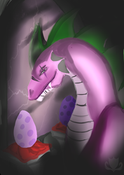 Size: 2480x3507 | Tagged: safe, artist:stagetechyart, spike, dragon, g4, egg, high res, male, older, older spike, scar, solo