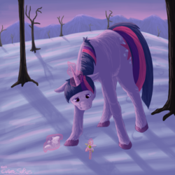 Size: 1500x1500 | Tagged: safe, artist:thedragonfreak77, twilight sparkle, pony, unicorn, g4, female, flower, glowing horn, horn, looking at something, looking down, snow, solo