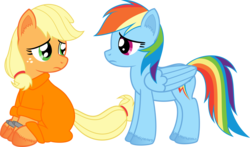Size: 8895x5224 | Tagged: safe, artist:age3rcm, applejack, rainbow dash, g4, absurd resolution, clothes, cuffs, eye contact, frown, looking at each other, looking back, prison outfit, prisoner aj, sad, simple background, sitting, transparent background, unshorn fetlocks, vector