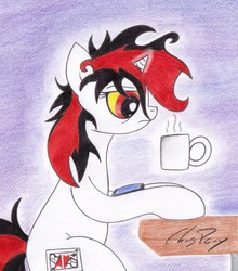 Size: 1440x1638 | Tagged: safe, artist:thechrispony, oc, oc only, oc:blackjack, pony, unicorn, fallout equestria, fallout equestria: project horizons, coffee, colored sclera, cutie mark, fanfic, fanfic art, female, glowing horn, hooves, horn, levitation, magic, mare, morning ponies, mug, pipbuck, signature, solo, telekinesis, traditional art, yellow sclera