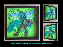 Size: 1280x958 | Tagged: safe, artist:the-paper-pony, queen chrysalis, g4, eyes closed, female, raised hoof, shadowbox, solo