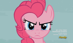 Size: 716x423 | Tagged: safe, screencap, pinkie pie, earth pony, pony, g4, season 5, the cutie map, close-up, determined, discovery family, discovery family logo, female, frown, glare, logo, looking at camera, looking at you, mare, serious, serious face, solo, when she doesn't smile