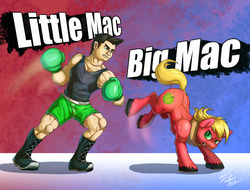 Size: 900x684 | Tagged: safe, artist:tsitra360, big macintosh, earth pony, human, pony, g4, boxer, bucking, crossover, duo, duo male, fight, irony, little mac (punch-out!!), male, middle mac, namesake, nintendo, pun, punch-out!!, stallion, super smash bros., super smash bros. 4, versus