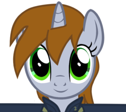 Size: 593x531 | Tagged: safe, artist:comfydove, oc, oc only, oc:littlepip, pony, unicorn, fallout equestria, clothes, fanfic, fanfic art, female, hug, jumpsuit, looking at you, mare, simple background, solo, transparent background, vault suit, vector