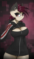 Size: 864x1500 | Tagged: safe, artist:ninjapony, oc, oc only, anthro, anthro oc, boob window, cleavage, clothes, female, glasses, keyhole turtleneck, mass effect, n7, open-chest sweater, piercing, solo, sweater, turtleneck
