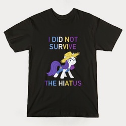 Size: 630x630 | Tagged: safe, rarity, pony, unicorn, g4, clothes, female, hat, hiatus, mare, overalls, rarihick, t-shirt, tail, tail hole, text