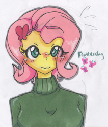 Size: 513x604 | Tagged: safe, artist:fiji-firefox, fluttershy, equestria girls, g4, clothes, female, humanized, paswg, paswg style, short hair, solo, sweatershy