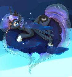 Size: 700x747 | Tagged: safe, artist:girlieginger, princess luna, g4, cloud, female, prone, solo, style comparison