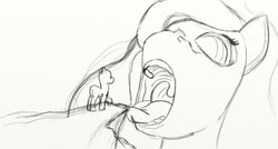 Size: 1024x548 | Tagged: safe, artist:daze273, princess luna, pony, g4, aladdin, butt, cave of wonders, female, fetish, imminent vore, lunapred, macro, maw, micro, monochrome, open mouth, plot, tongue out, uvula, willing prey, wip