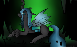 Size: 850x512 | Tagged: dead source, safe, artist:wolftheblackstar, queen chrysalis, changeling, changeling queen, g4, cave, female, looking at you, prone, solo