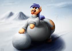 Size: 2700x1900 | Tagged: safe, artist:jesseorange, oc, oc only, oc:jesse orange, pegasus, pony, belly, clothes, cloud, cloudy, fat, impossibly large belly, impossibly large butt, male, mountain, snow, snowball, snowfall, snowflake, sweater, tongue out, wide hips
